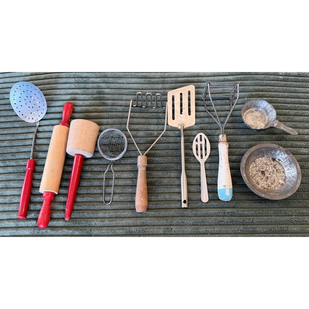 Vintage Child Size Small‎ Kitchen Utensils Set 10 Pretend Play Toy Cooking Tools